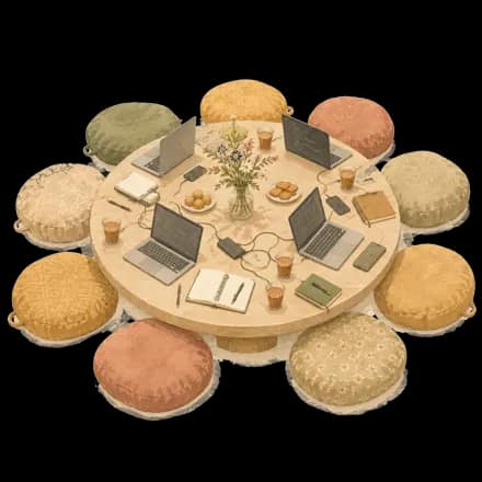Twelve cushions around a low workbench, ready for the cohort