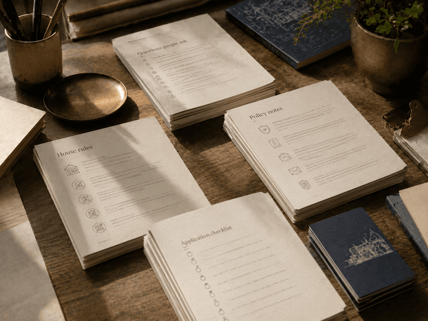 Residency FAQ documents and notes on a warm founder desk