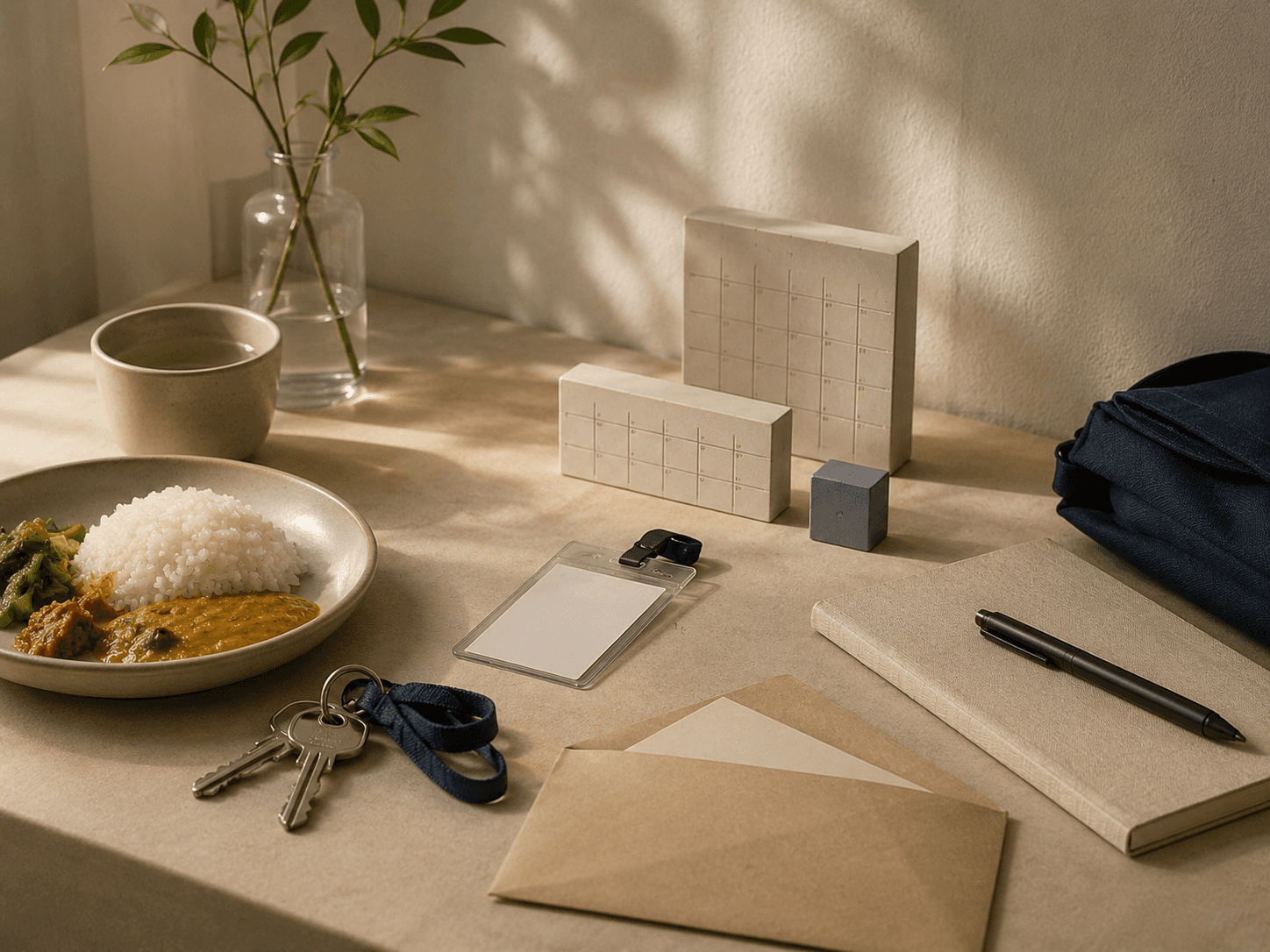 Residency agreement materials beside a meal and founder supplies