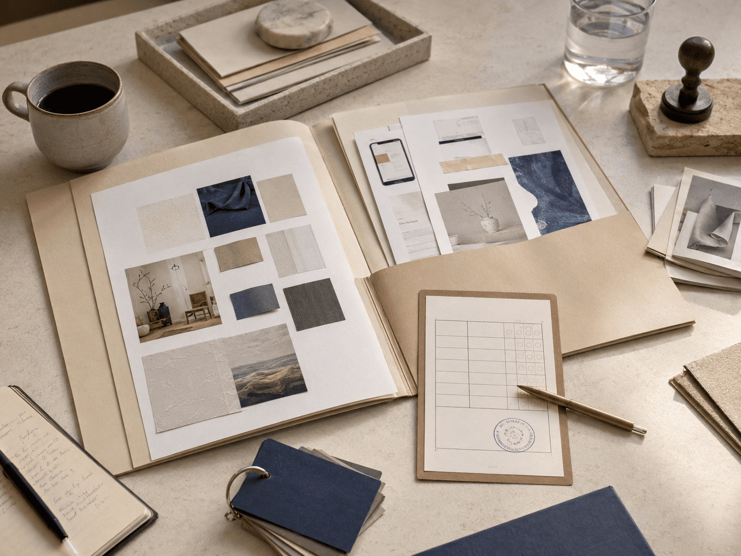 Selection materials and founder application notes on a desk
