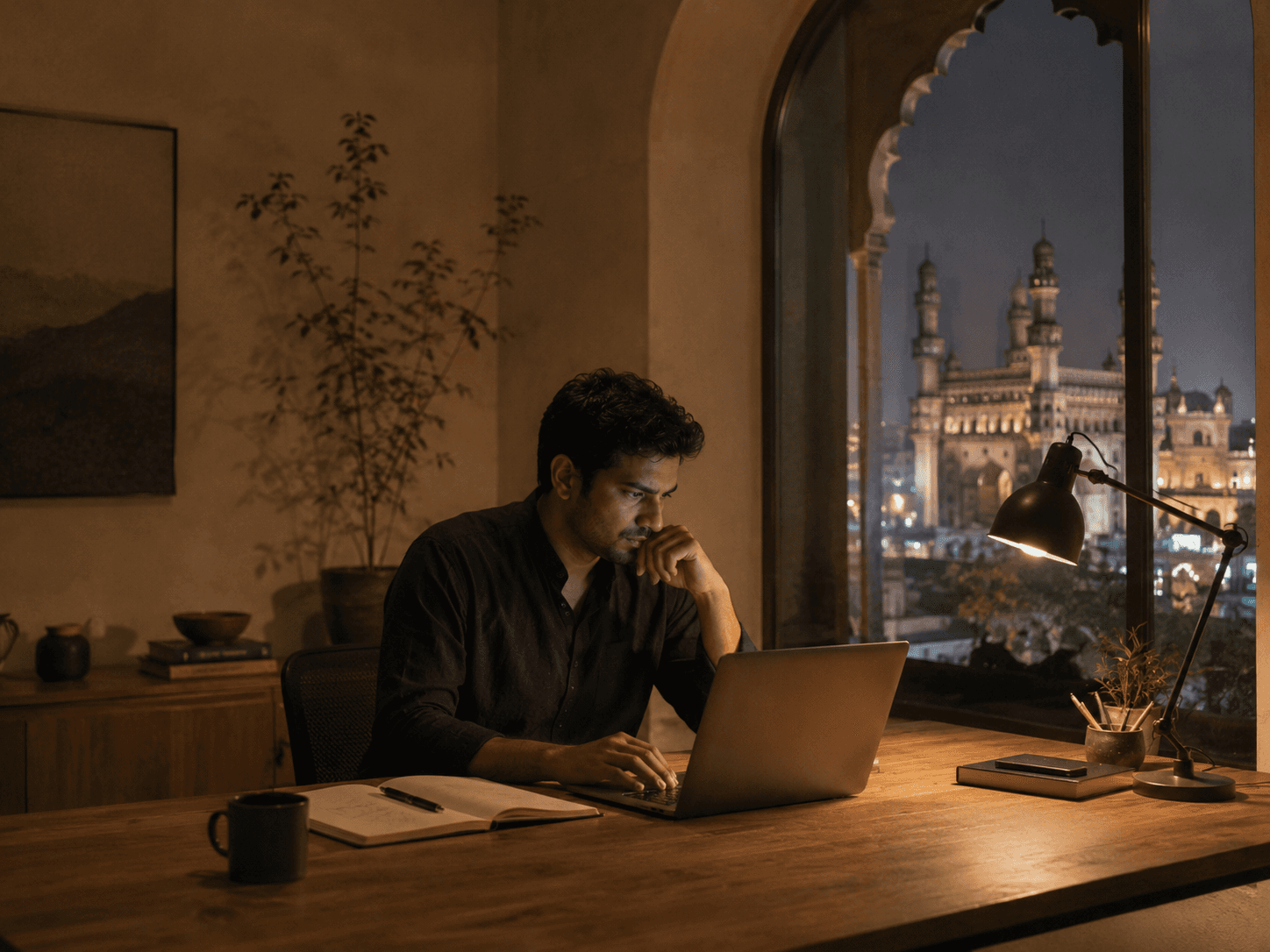 Founder working quietly at night with Hyderabad in the background