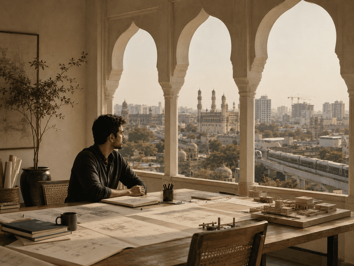 Founder workspace framed by Hyderabad arches and city skyline