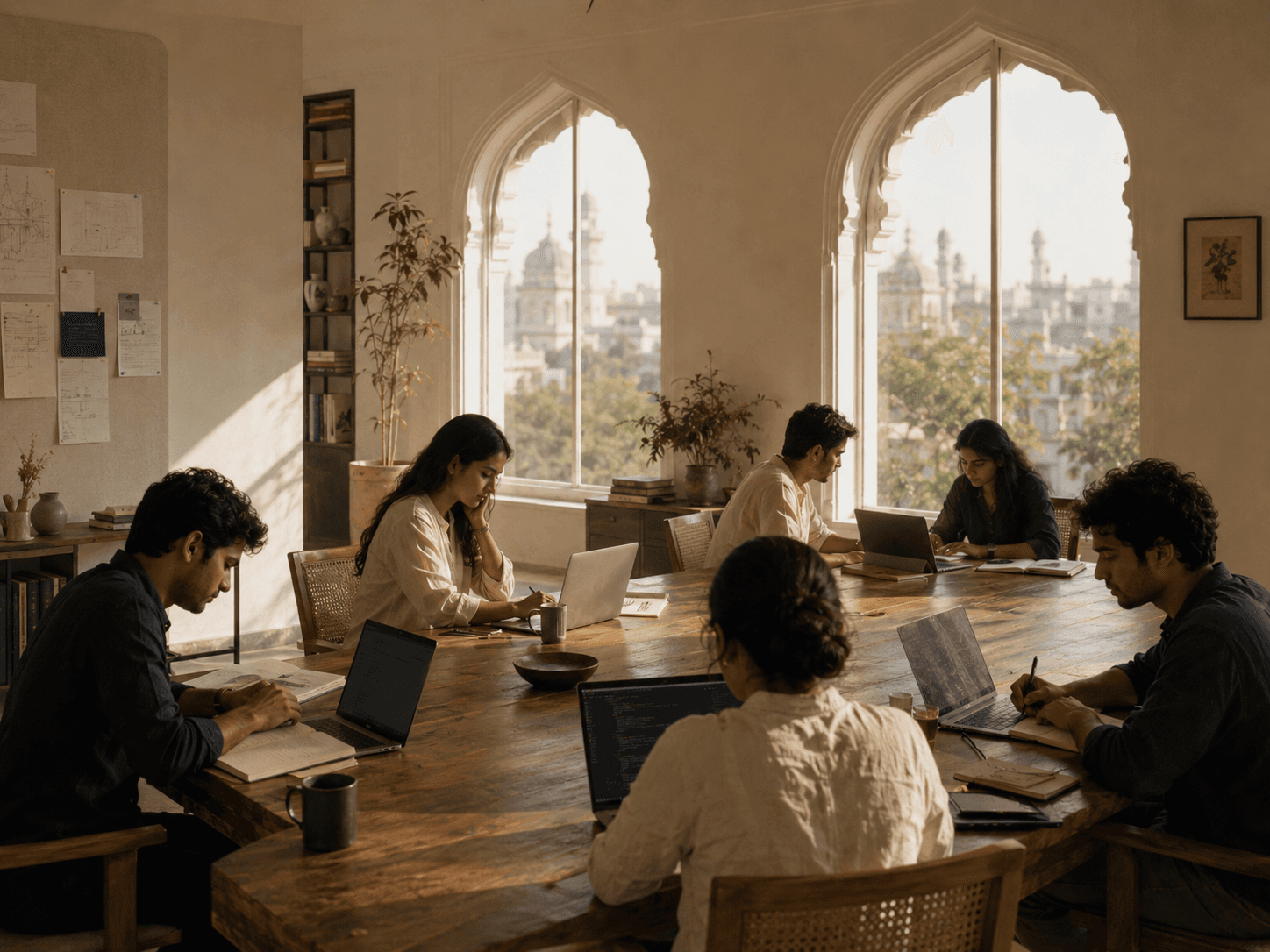 Founders working together with Hyderabad visible through the windows
