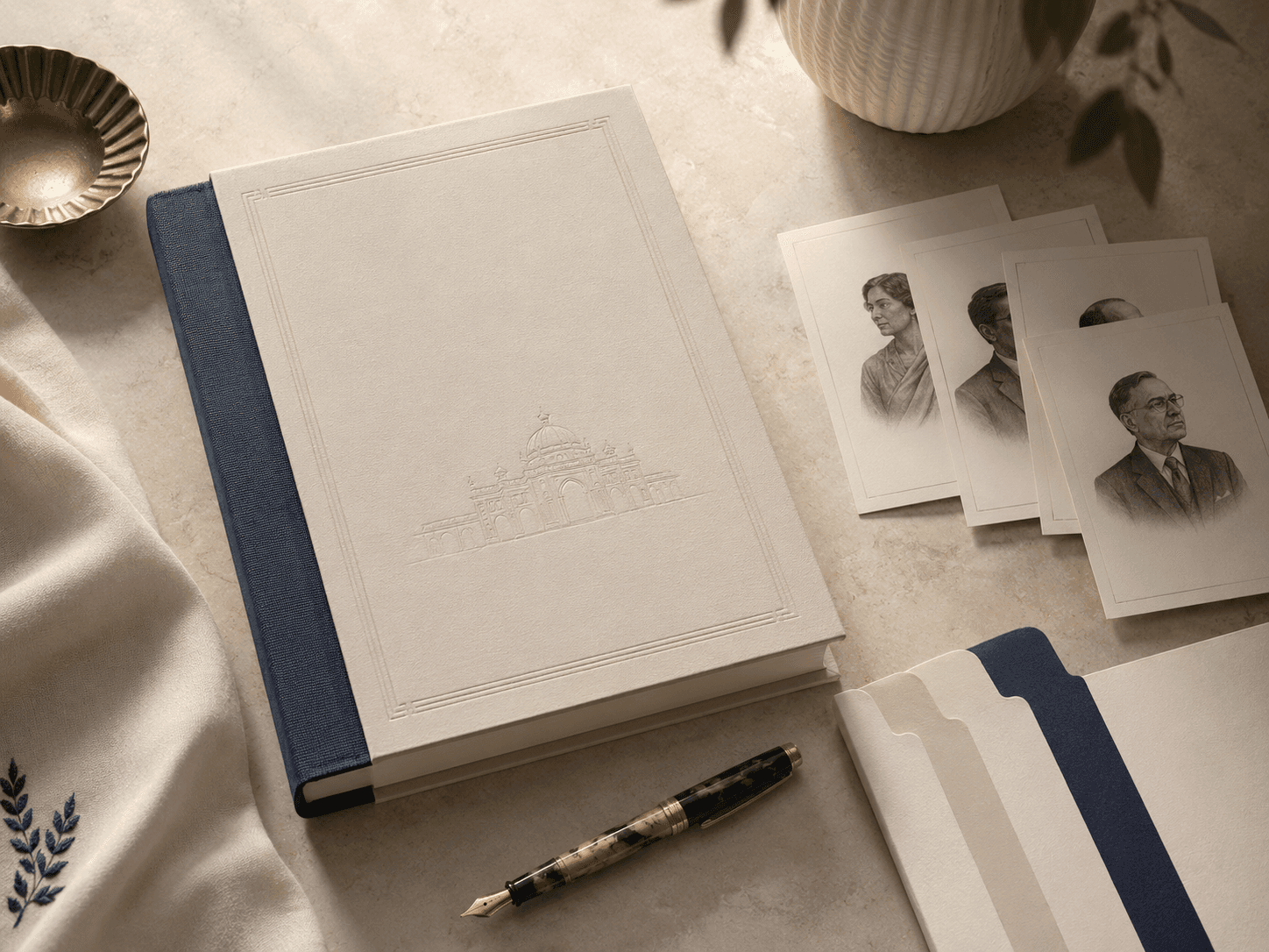 Printed cohort book and founder profile materials on a desk