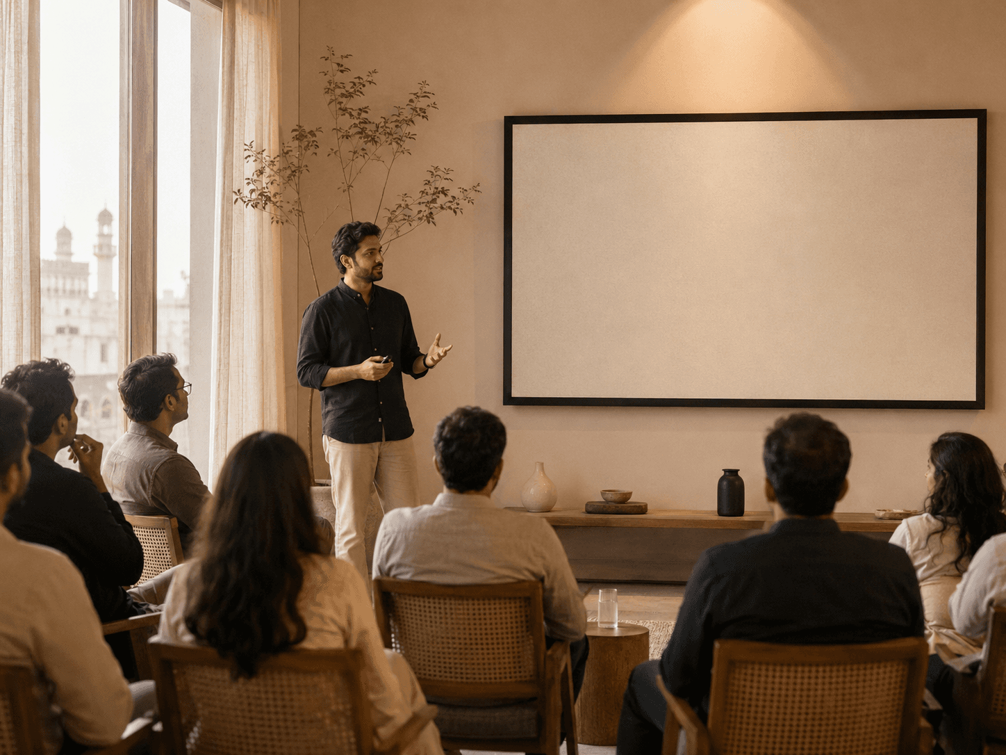 Founder presenting to a small investor audience