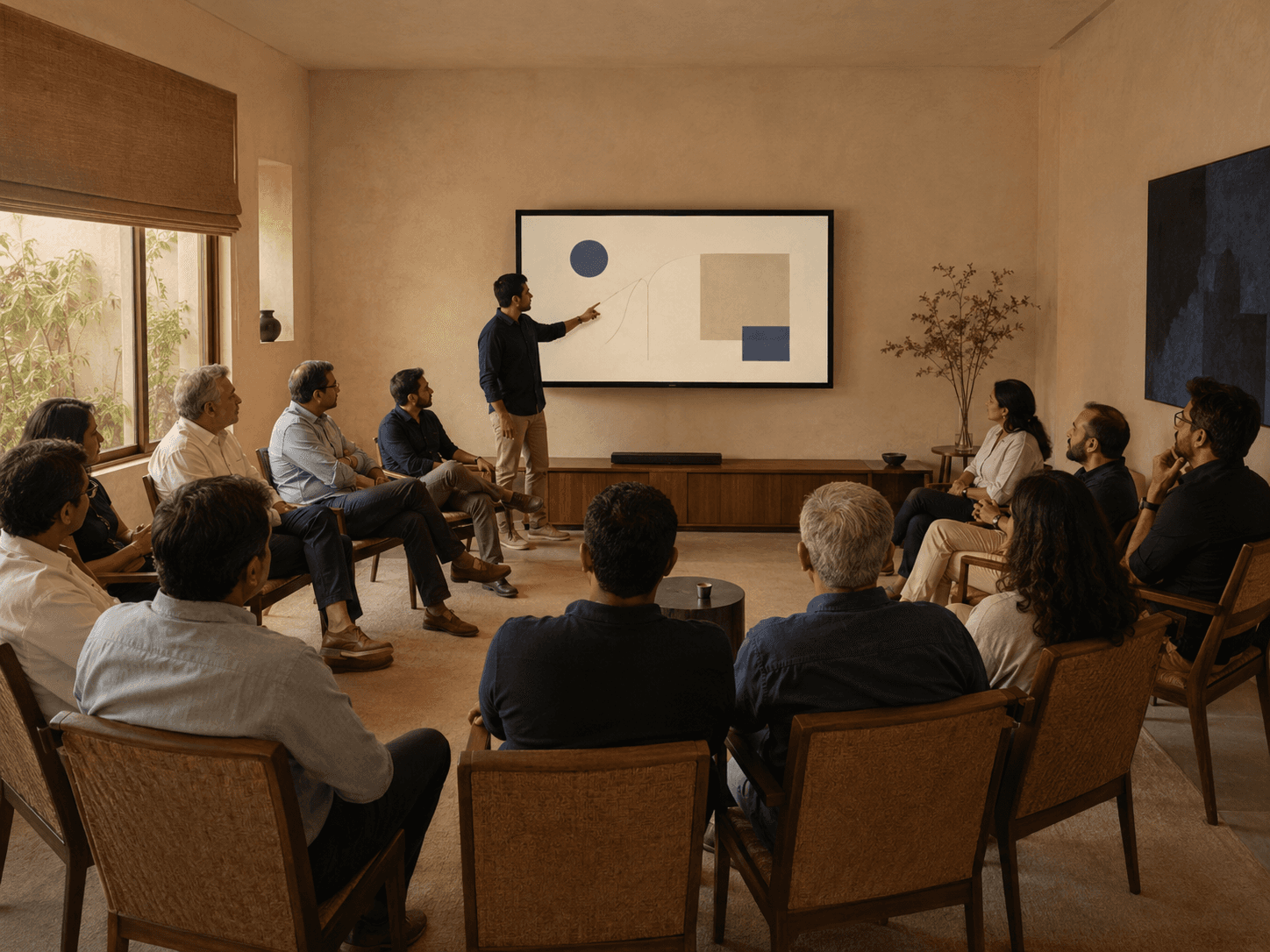 Small weekly founder demo circle in a warm residency room