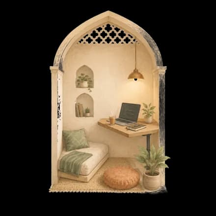 An arched alcove with a bed, desk, and standing lamp