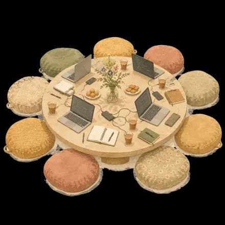 Twelve cushions around a low workbench, ready for the cohort