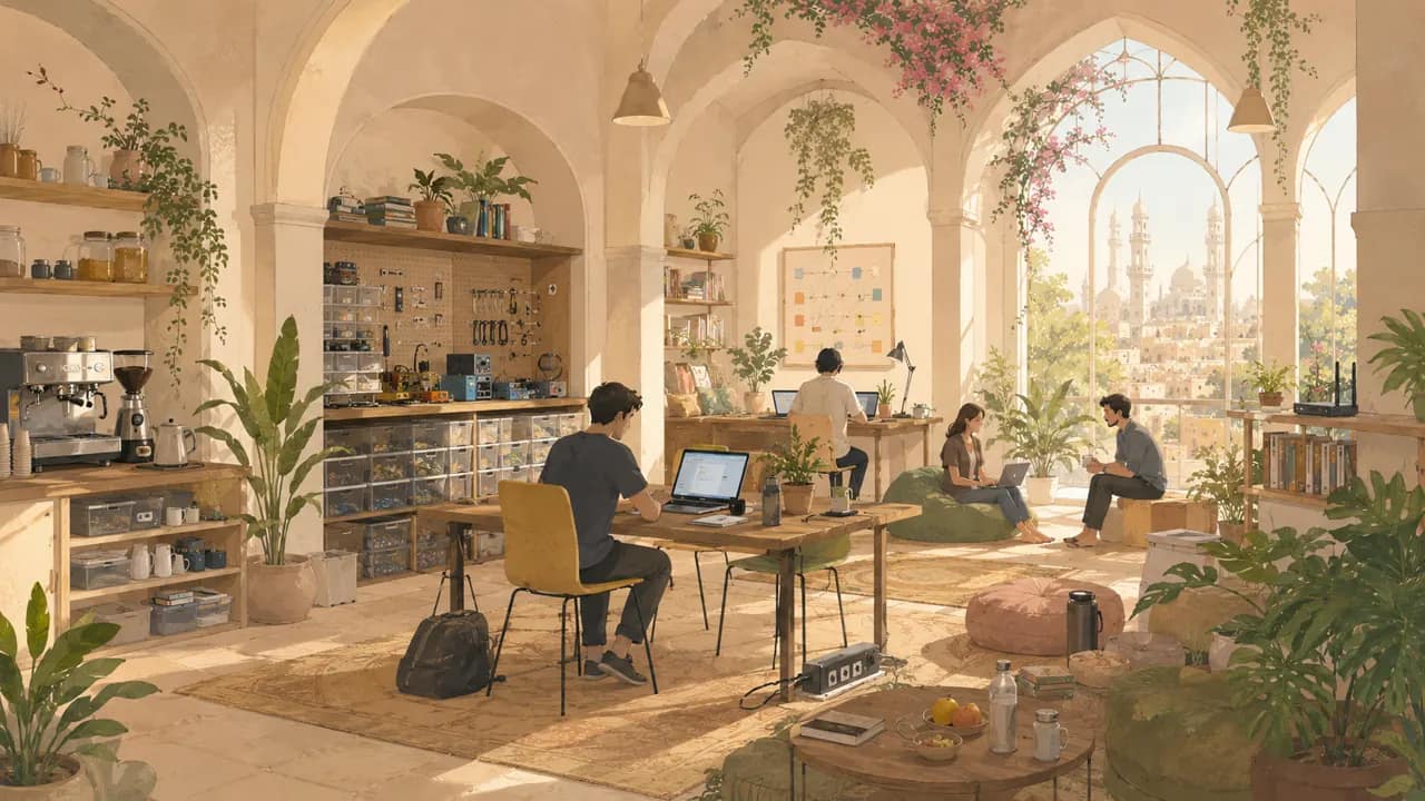 Founders working together at the residency, the Charminar in the distance