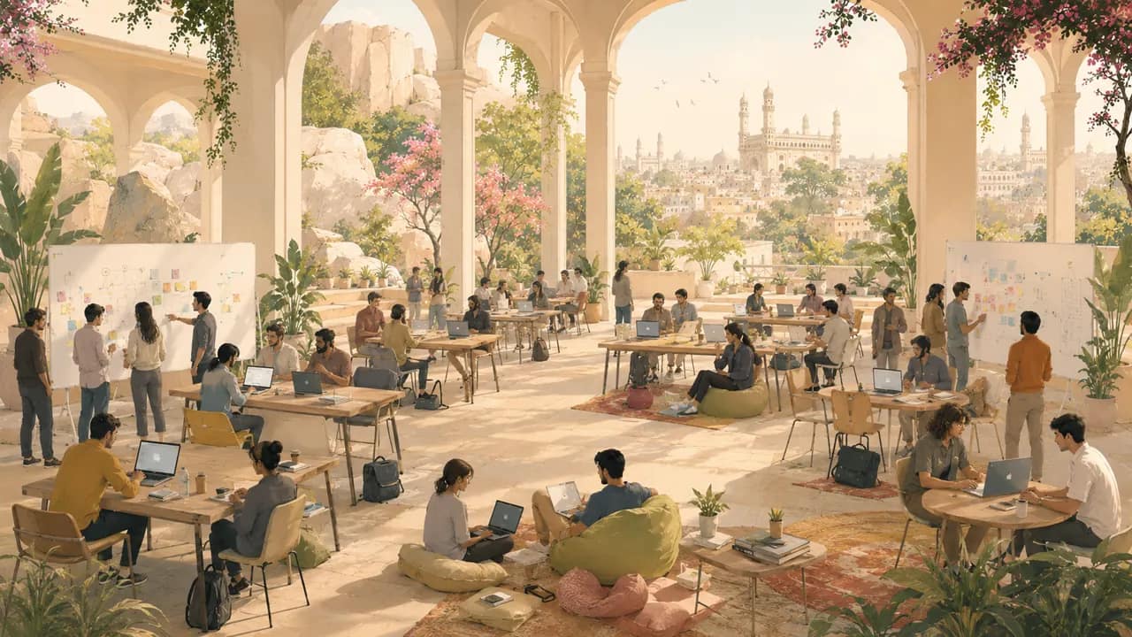 Founders working from a Hyderabad residency with the city outside