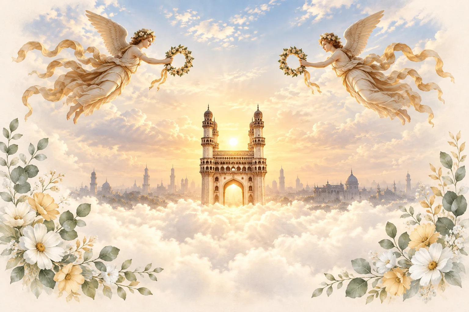 Charminar rising through golden clouds, framed by winged figures, laurel wreaths, and soft flowers