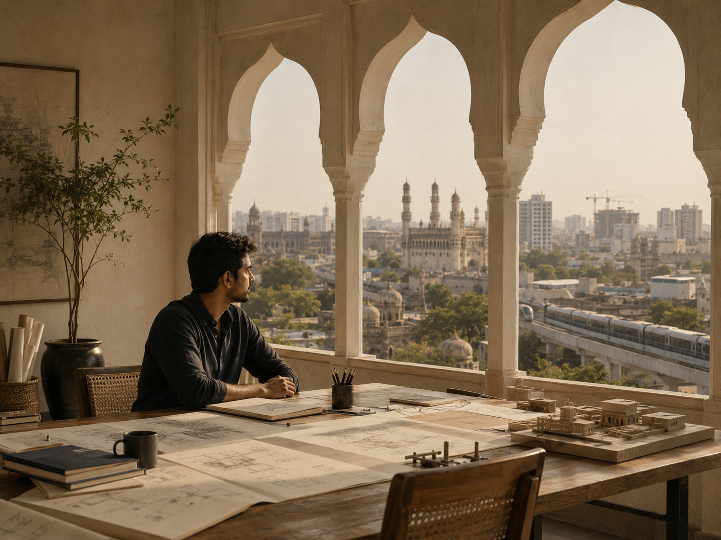 A worktable overlooking Hyderabad and the Charminar