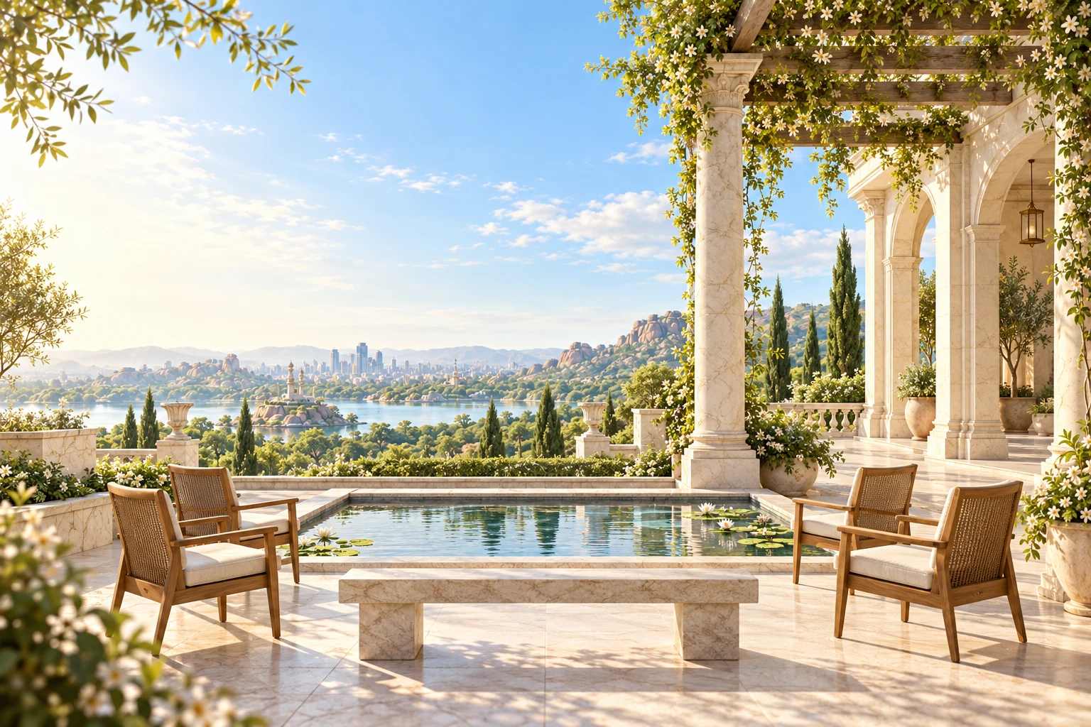 An illustration of a shared table in a garden surrounded by stone colonnades