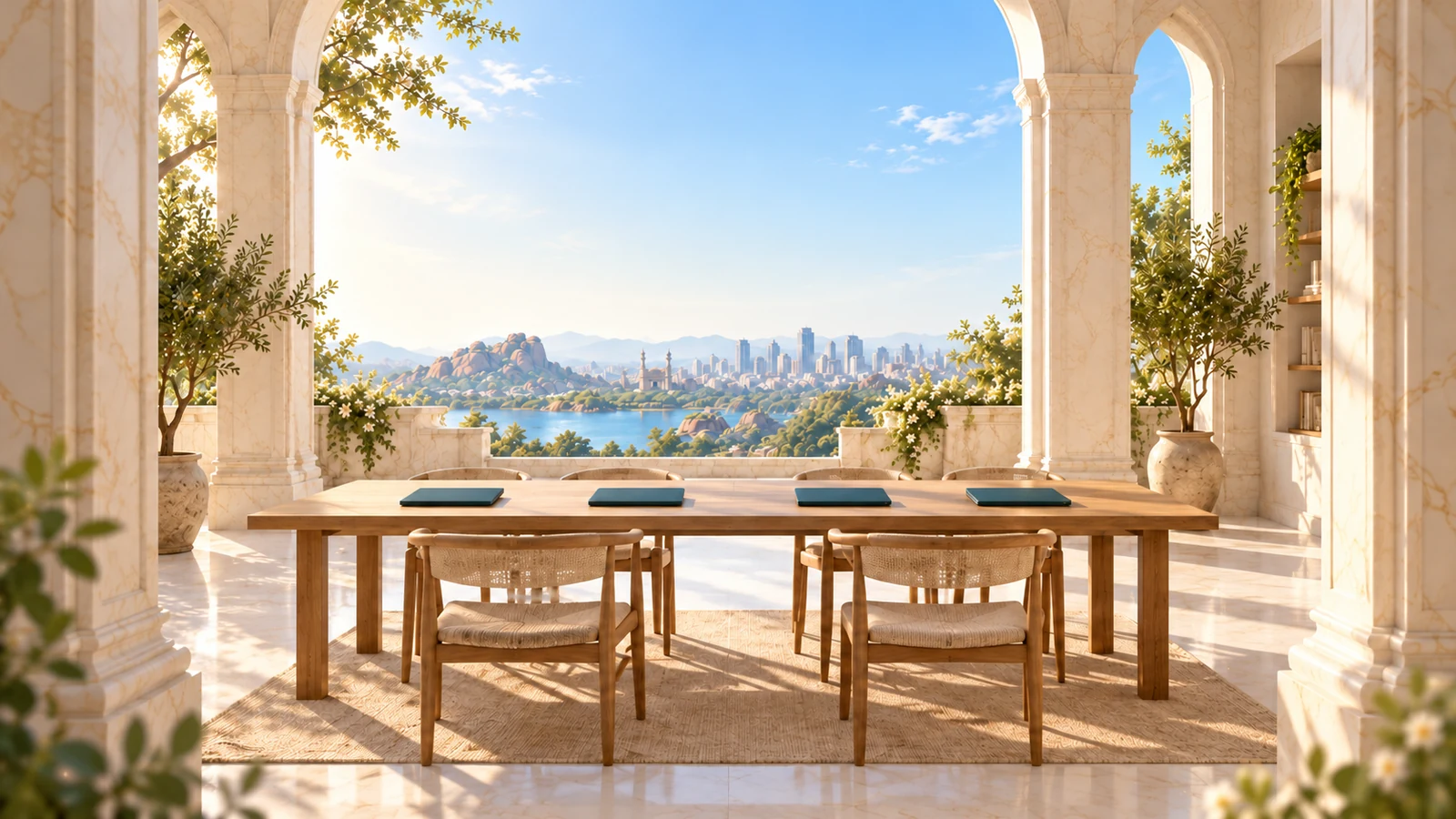 An illustration of a long worktable beneath an open arch overlooking Hyderabad