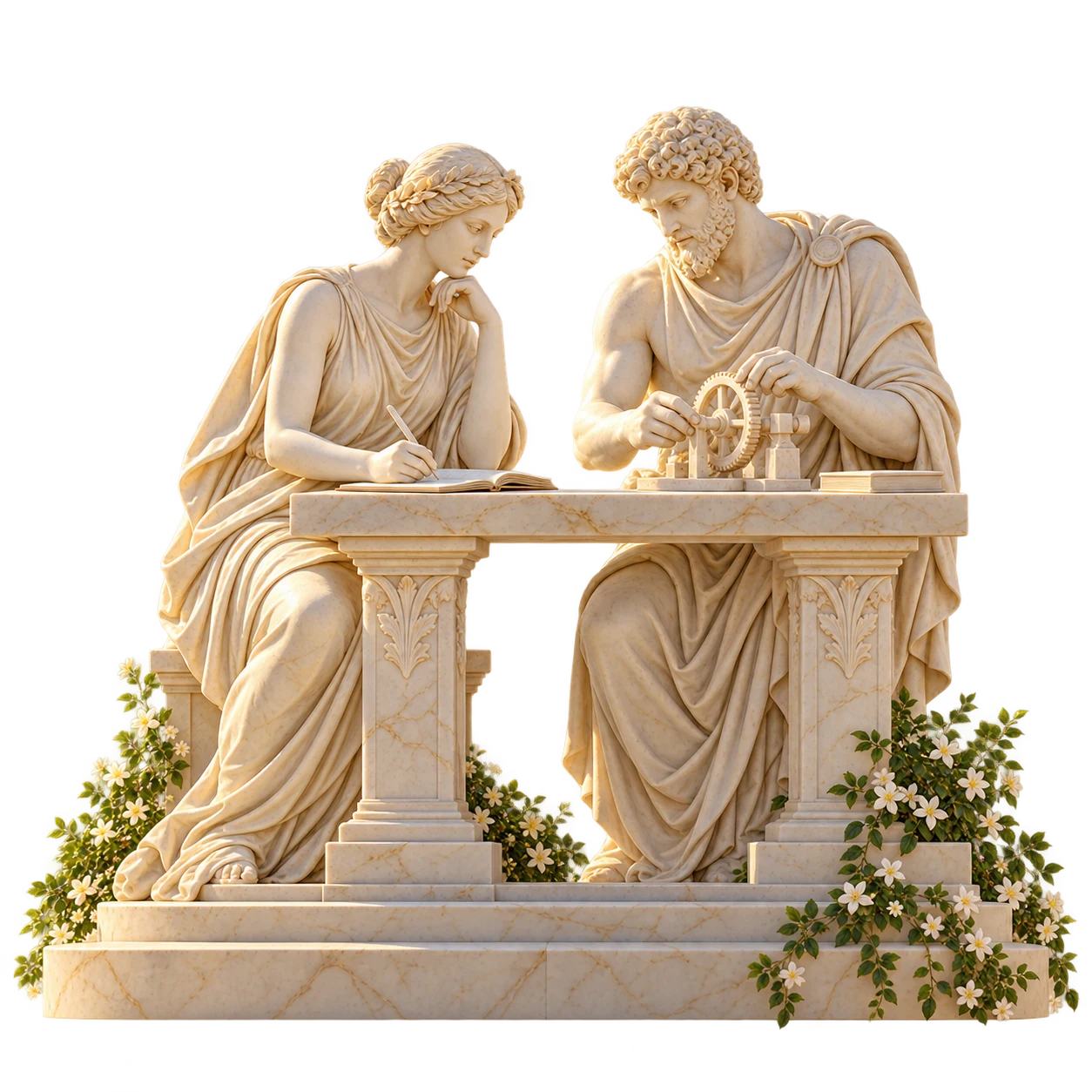Two sculpted figures at one table: a writer with a notebook and a maker with a mechanical model