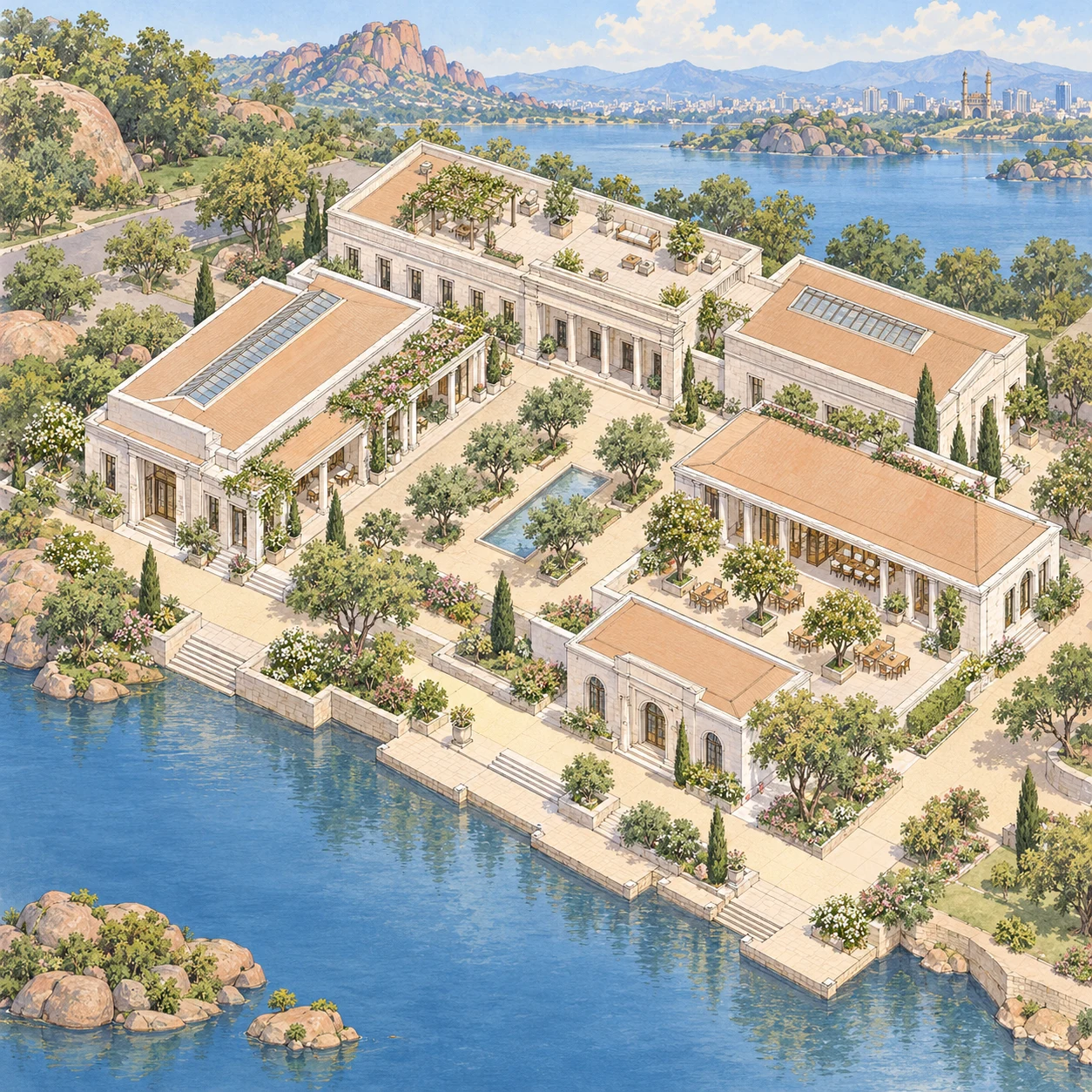 An architectural study of a courtyard campus by a lake, imagined for Assembly