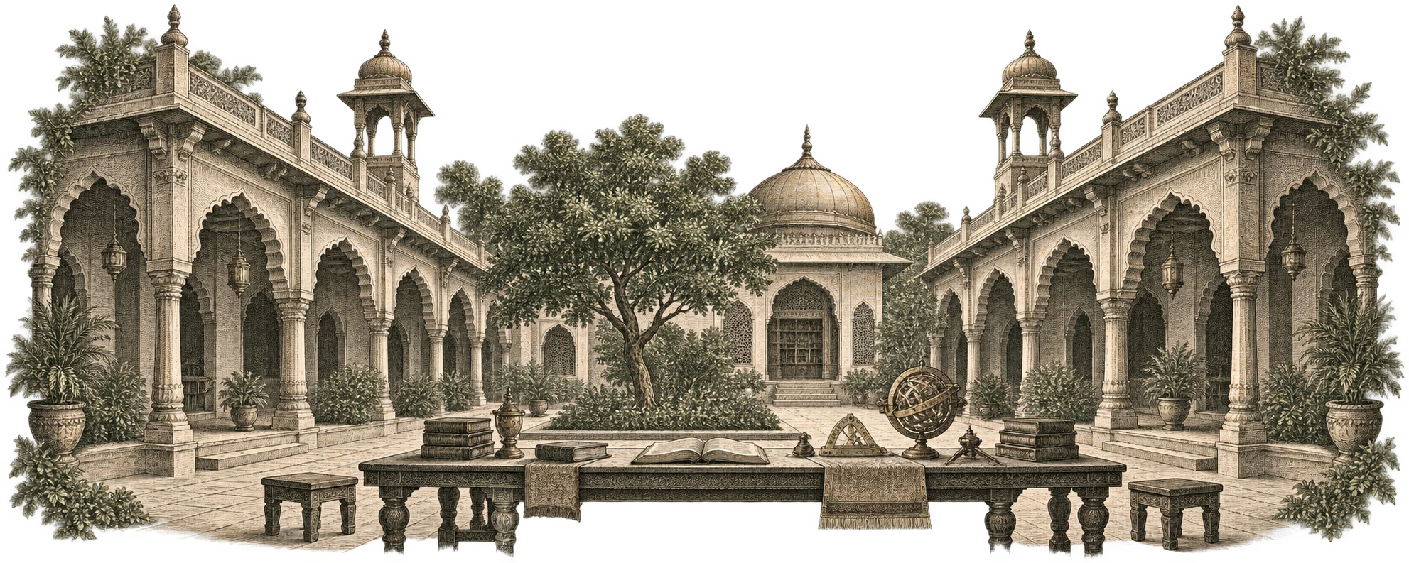 An original engraved Hyderabad courtyard with a shared worktable beneath its arches