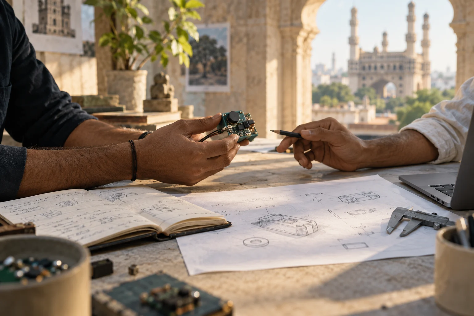 Founders reviewing a prototype and drawings at a shared table